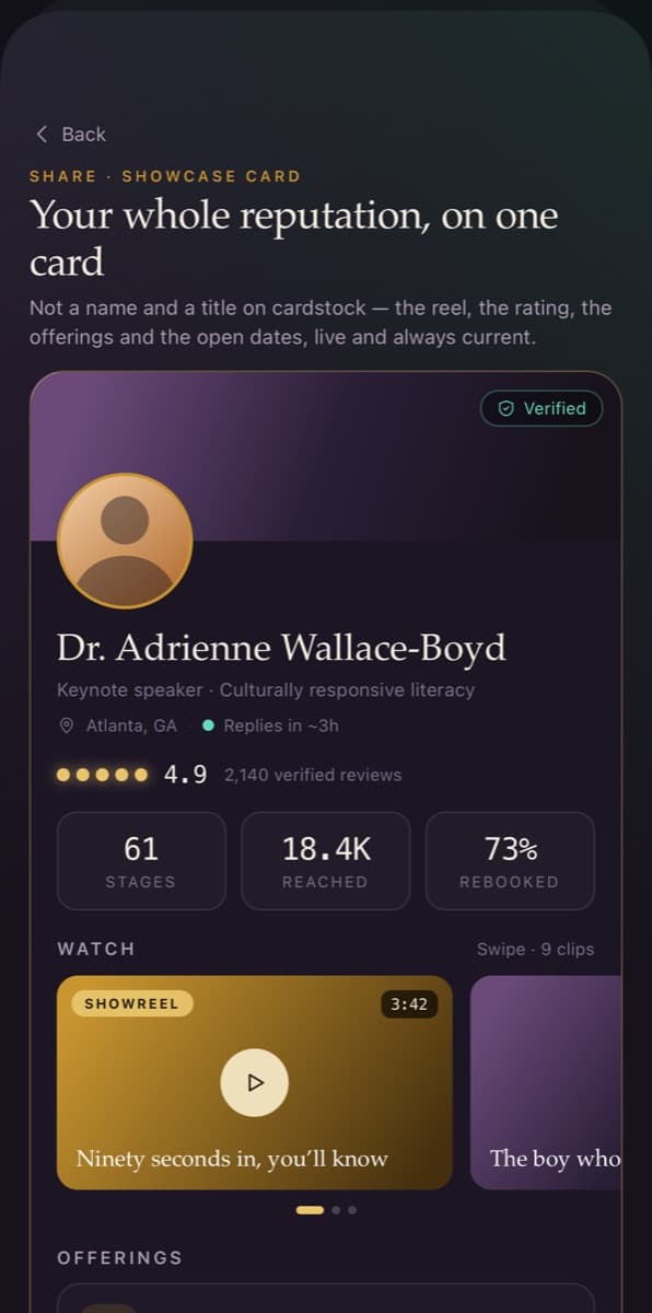 The showcase card, carrying the reel, rating, stats and offerings