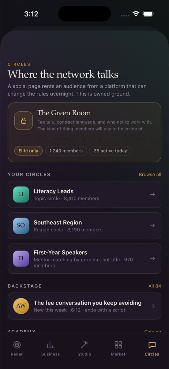 The Circles screen, showing topic and region circles and The Green Room