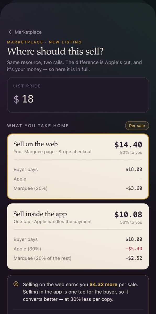 A listing screen comparing what the creator keeps on the web versus inside the app