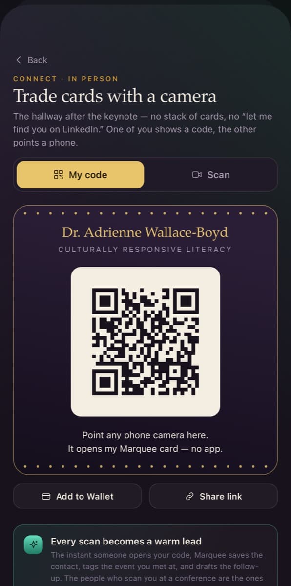 A Marquee QR code framed by the letterboard, ready to show to a camera
