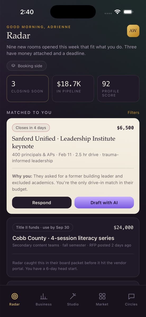 The Radar screen, showing matched speaking opportunities with deadlines and fees