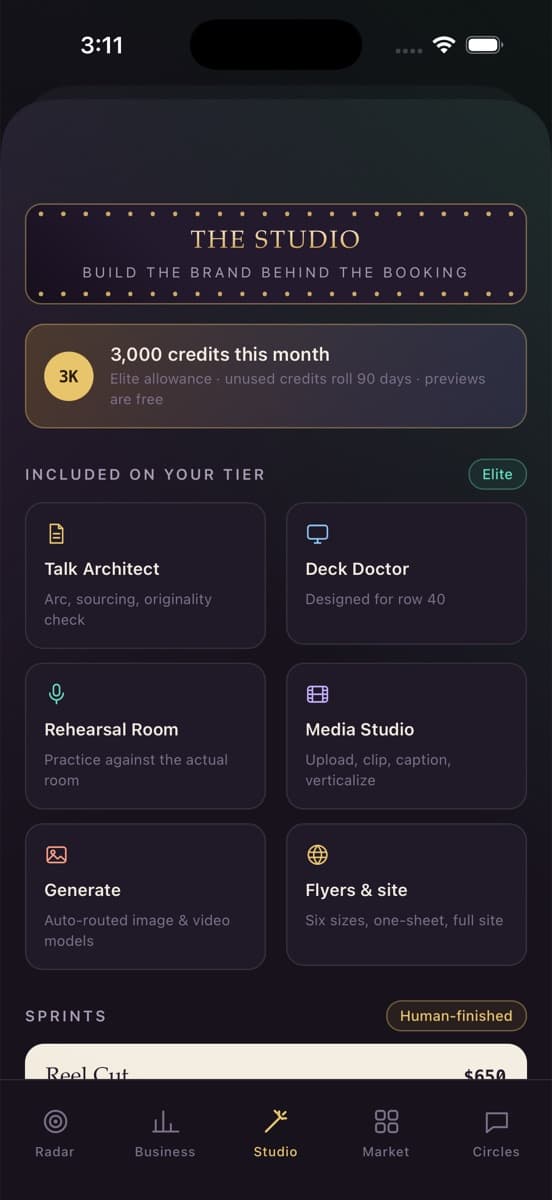 The Studio home, listing the tools included on the member's tier