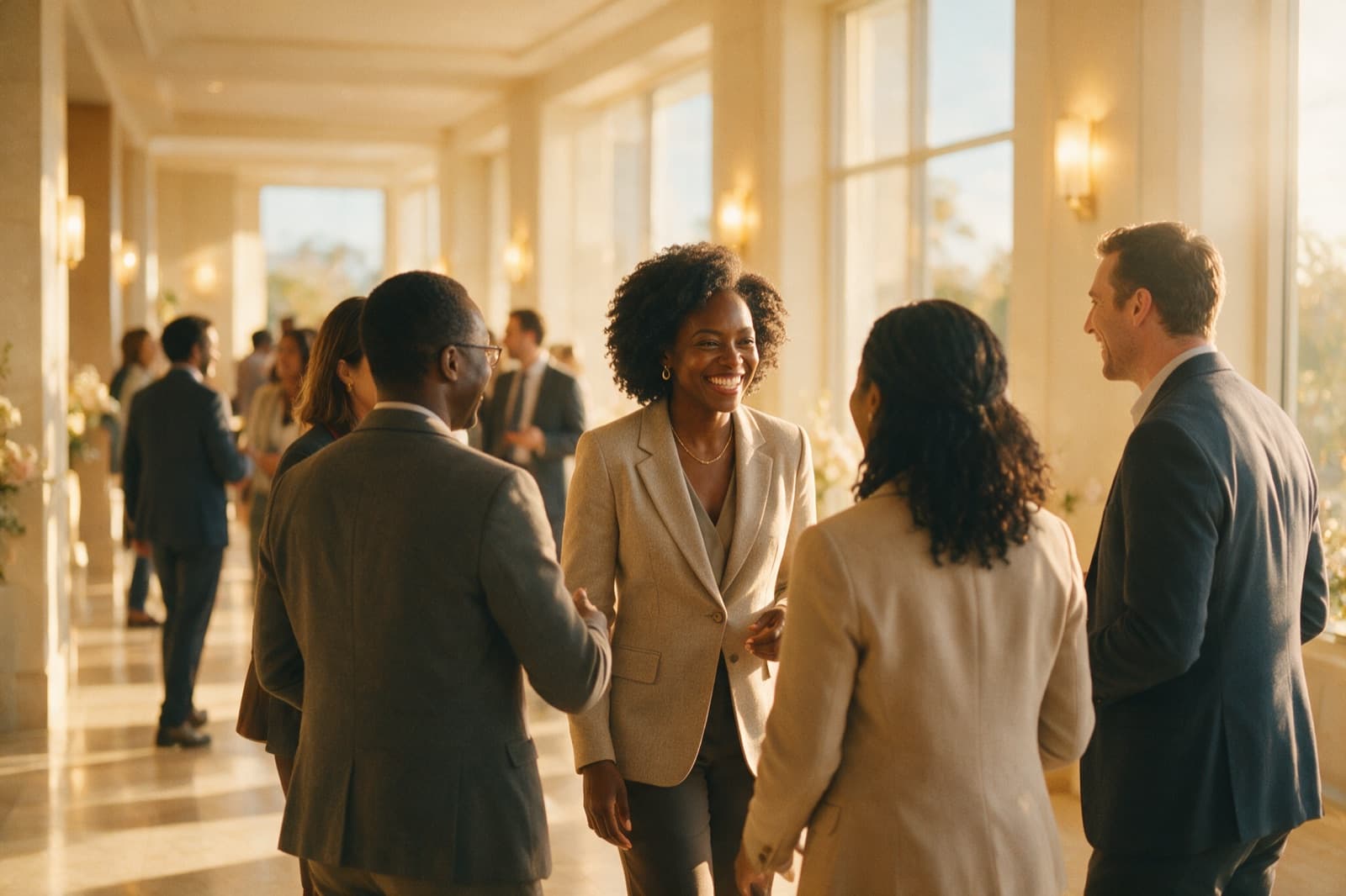 People approaching a speaker in a bright corridor after a talk